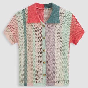 Knitted Collar Color Striped Short Sleeve Top